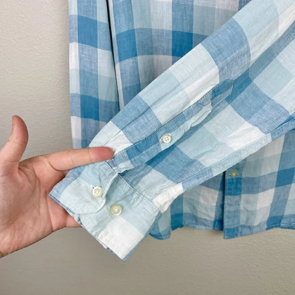 Banana Republic Men's Large Camden Fit 100% Linen Plaid Shirt Collare Button Blu